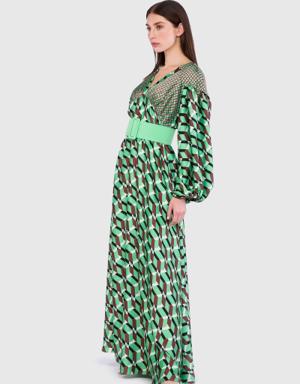 Large And Small Geometric Patterned Long Green Dress