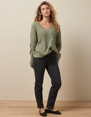 American Eagle Whoa So Cozy Waffle V-Neck Sweater. 1