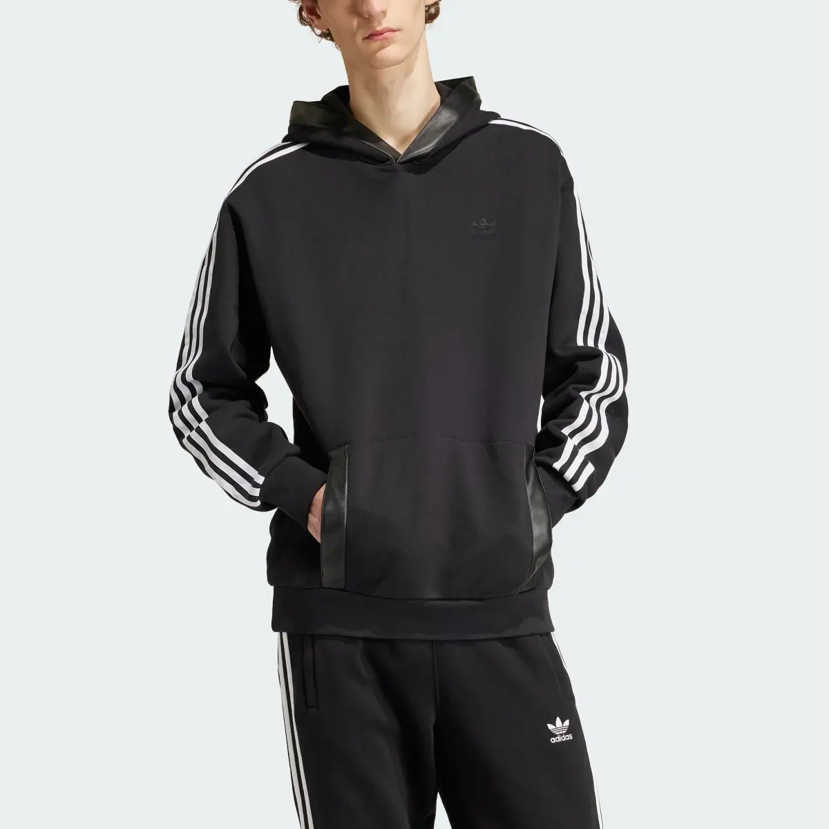 Adidas Faux Leather Adicolor 3-Stripes Heavy Fleece Hoodie. 1