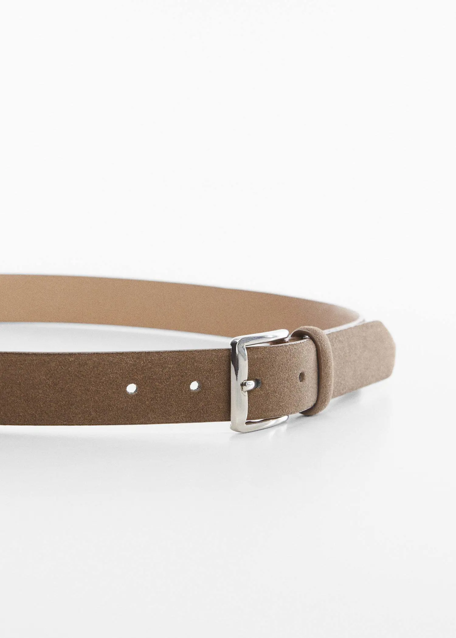 Mango Suede belt. a close-up of a brown leather belt with a silver buckle. 
