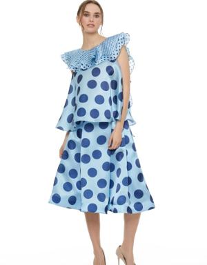 Polka Dot Patterned Midi Length Blue Skirt