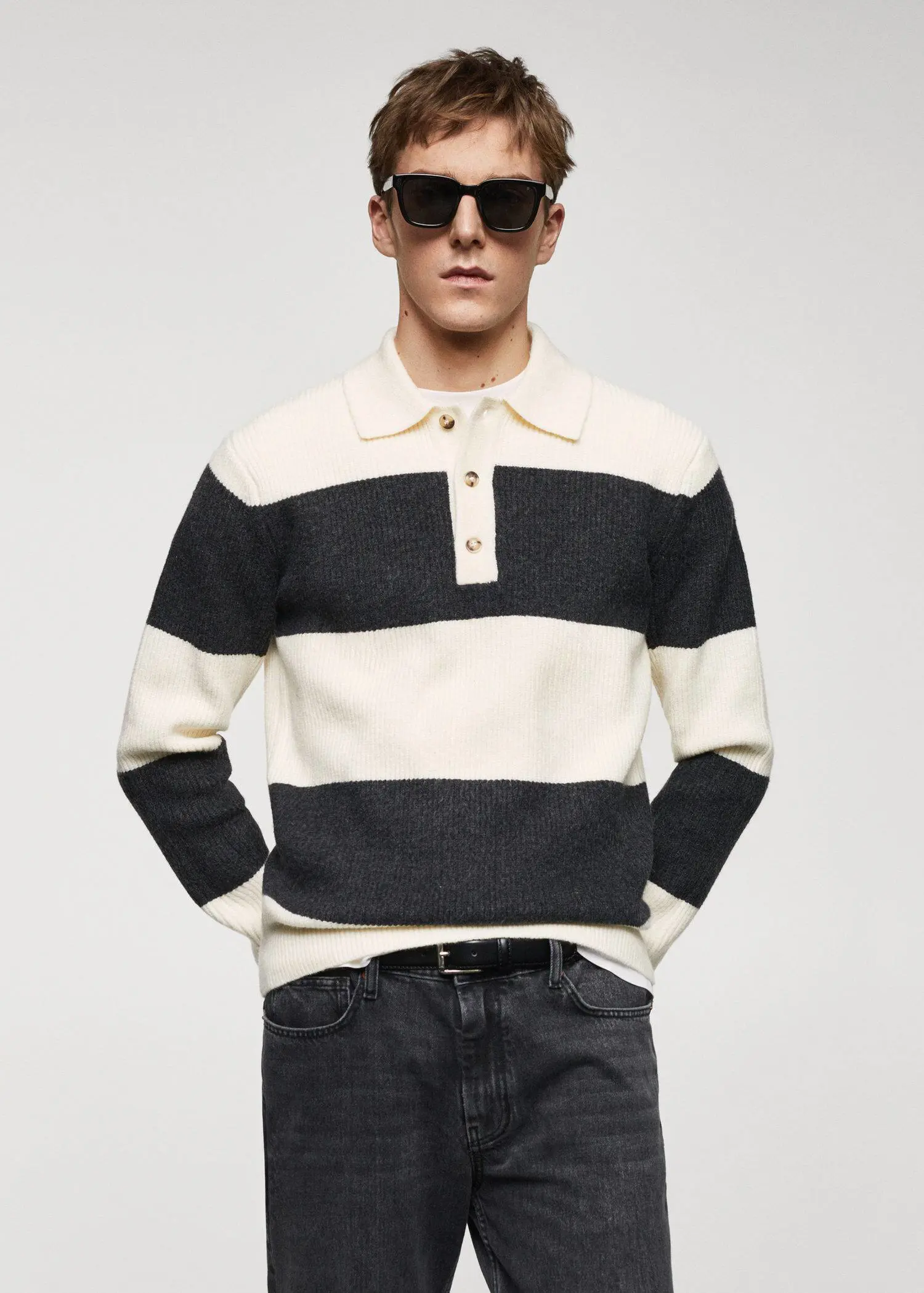 Mango Ribbed striped knitted polo shirt. 1