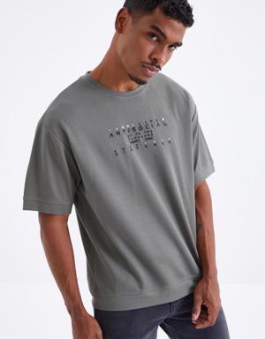 Çağla Küçük Yazı Nakışlı O Yaka Erkek Oversize T-Shirt - 88103