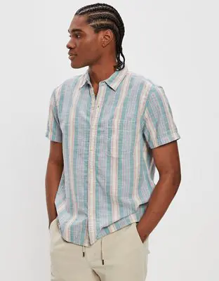 American Eagle Striped Button-Up Resort Shirt. 1