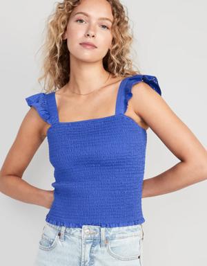 Fitted Ruffle-Trim Smocked Cropped Top blue