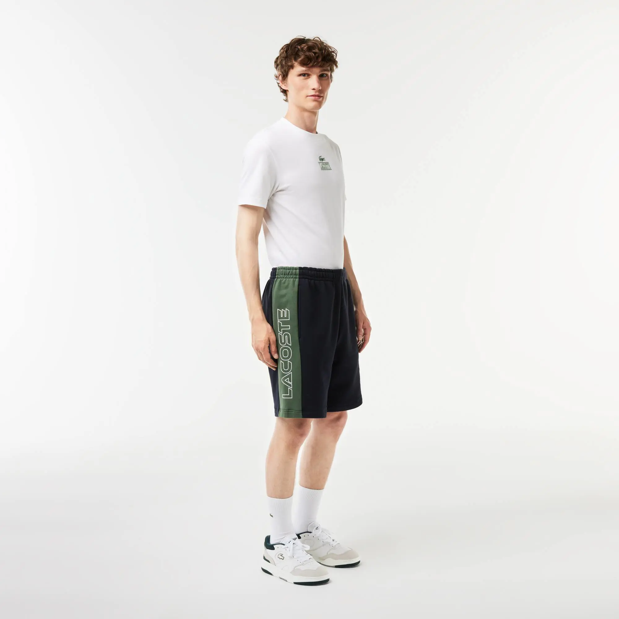 Lacoste Printed Unbrushed Fleece Colourblock Jogger Shorts. 1