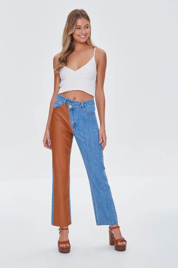 Forever 21 Forever 21 Reworked Faux Leather Jeans Denim/Camel. 1