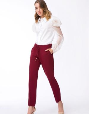 Carrot Cut Laced Claret Red Colored Fabric Trousers