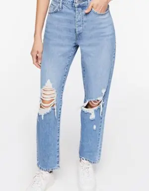 Forever 21 Recycled Cotton Distressed Mom Jeans Medium Denim