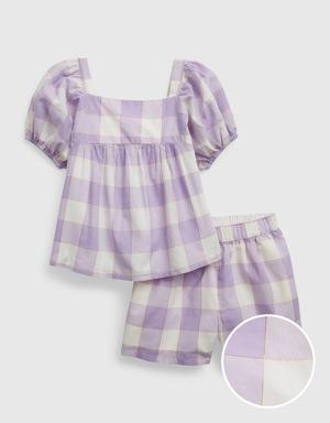 Toddler Shiny Gingham Puff Sleeve Outfit Set purple