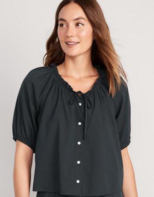 Matching Puff-Sleeve Pajama Swing Top for Women black