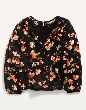 Long-Sleeve Ruffle Floral Top for Girls black