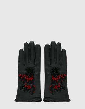 Embroidery and Embroidery Detailed Leather Gloves