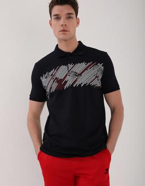 Lacivert Sayı Detaylı Çizgi Baskılı Standart Kalıp Polo Yaka Erkek T-Shirt - 87955