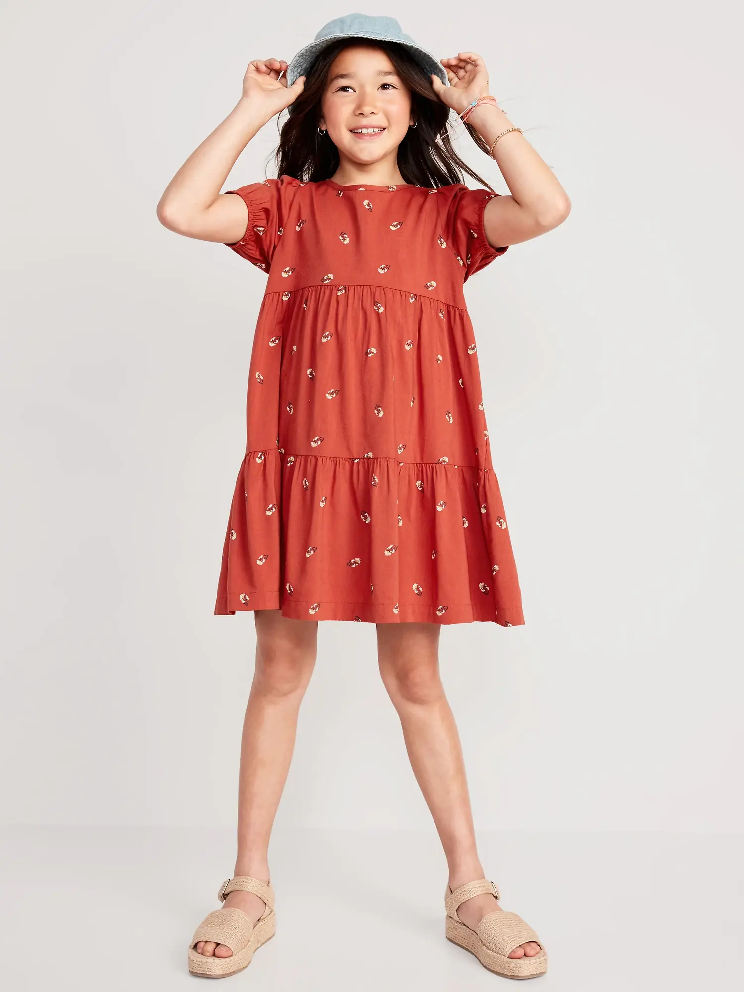 Old Navy Puff-Sleeve Printed Swing Dress for Girls brown. 1