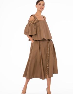Striped Tassel And Embroidered Detail Brown Long Skirt