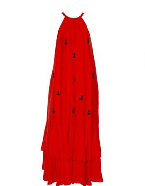 Marine Detailed Thin Strap Long Red Dress