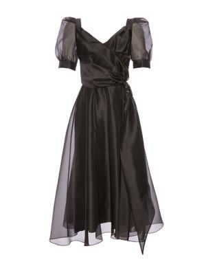 Pleated Waist Fitted Ruffle Midi Length Black Evening Dress