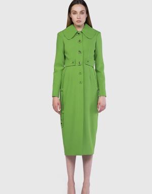 Band Detailed Buttoned Knee Length Pencil Green Dress
