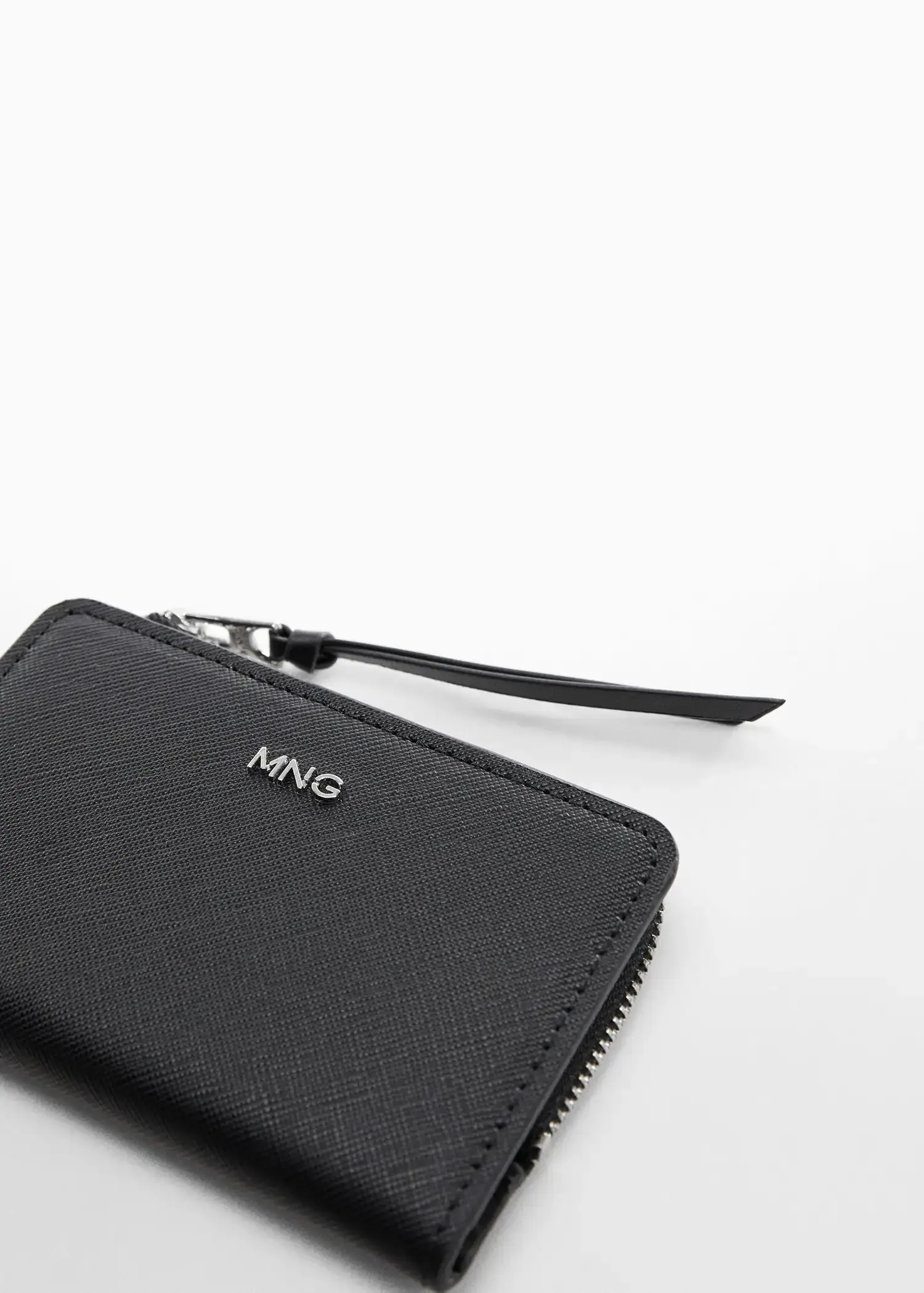 Mango Saffiano-effect wallet. a close-up of a black wallet with the initials mng on it. 
