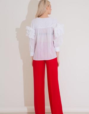 Ruffle Detailed Pleated White Voile Blouse