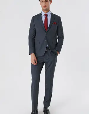 Koyu Lacivert Desenli Mono Yaka Astarlı Çift Yırtmaç 6 Drop Slim Fit Dar Kesim Klasik Takım 1001230178