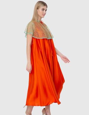 Orange Cape Dress With Collar Detail