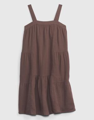 Kids Crinkle Gauze Tiered Dress brown