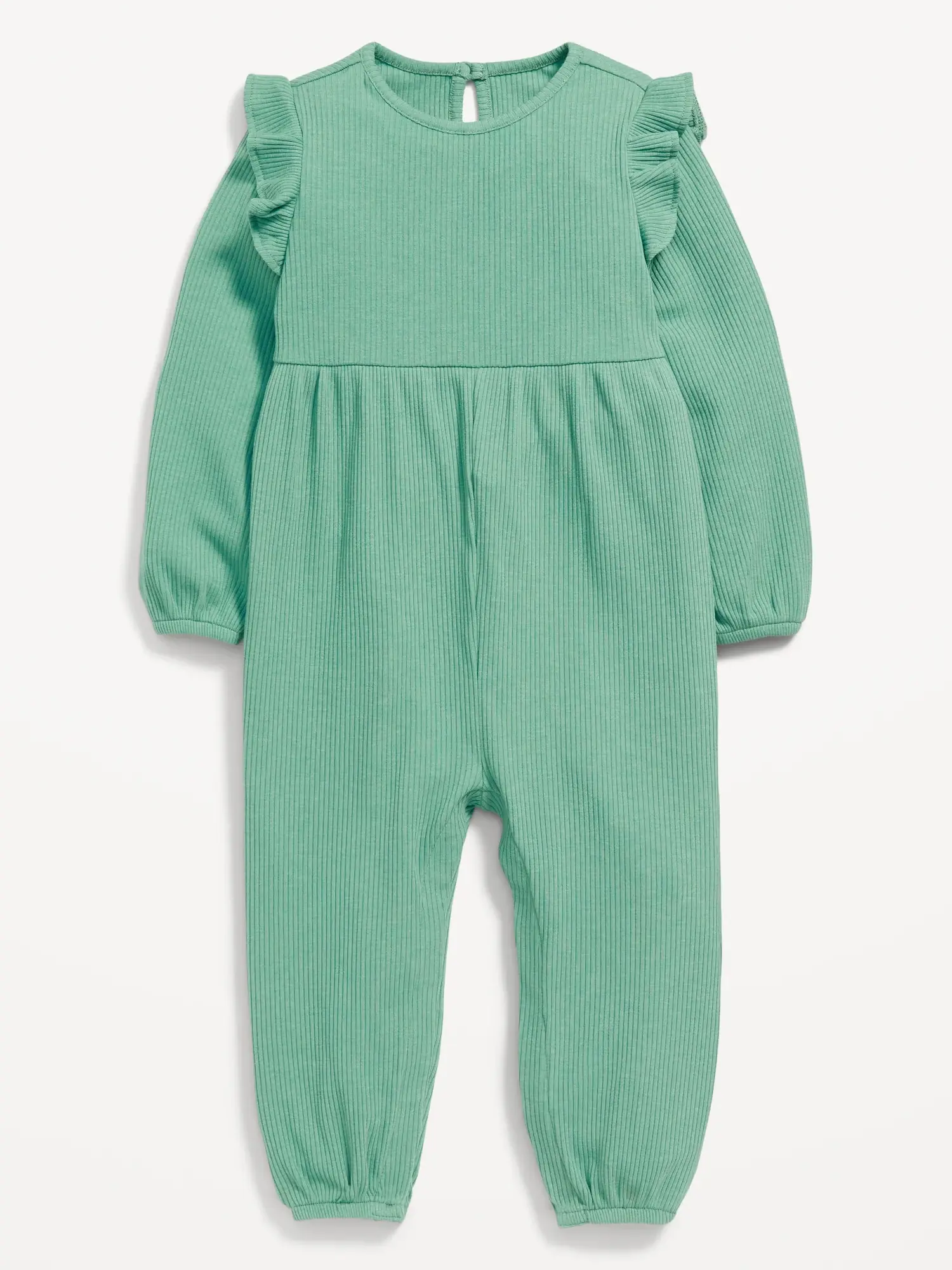 Old Navy Long-Sleeve Rib-Knit Ruffle-Trim Jumpsuit for Baby green. 1