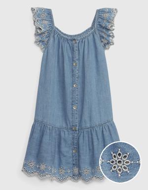 Toddler Eyelet Denim Tiered Dress with Washwell blue