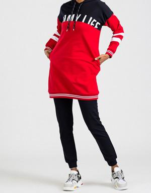 Kırmızı - Lacivert Kapüşonlu Yazı Baskılı Rahat Form Jogger Kadın Eşofman Tunik Takım - 03471