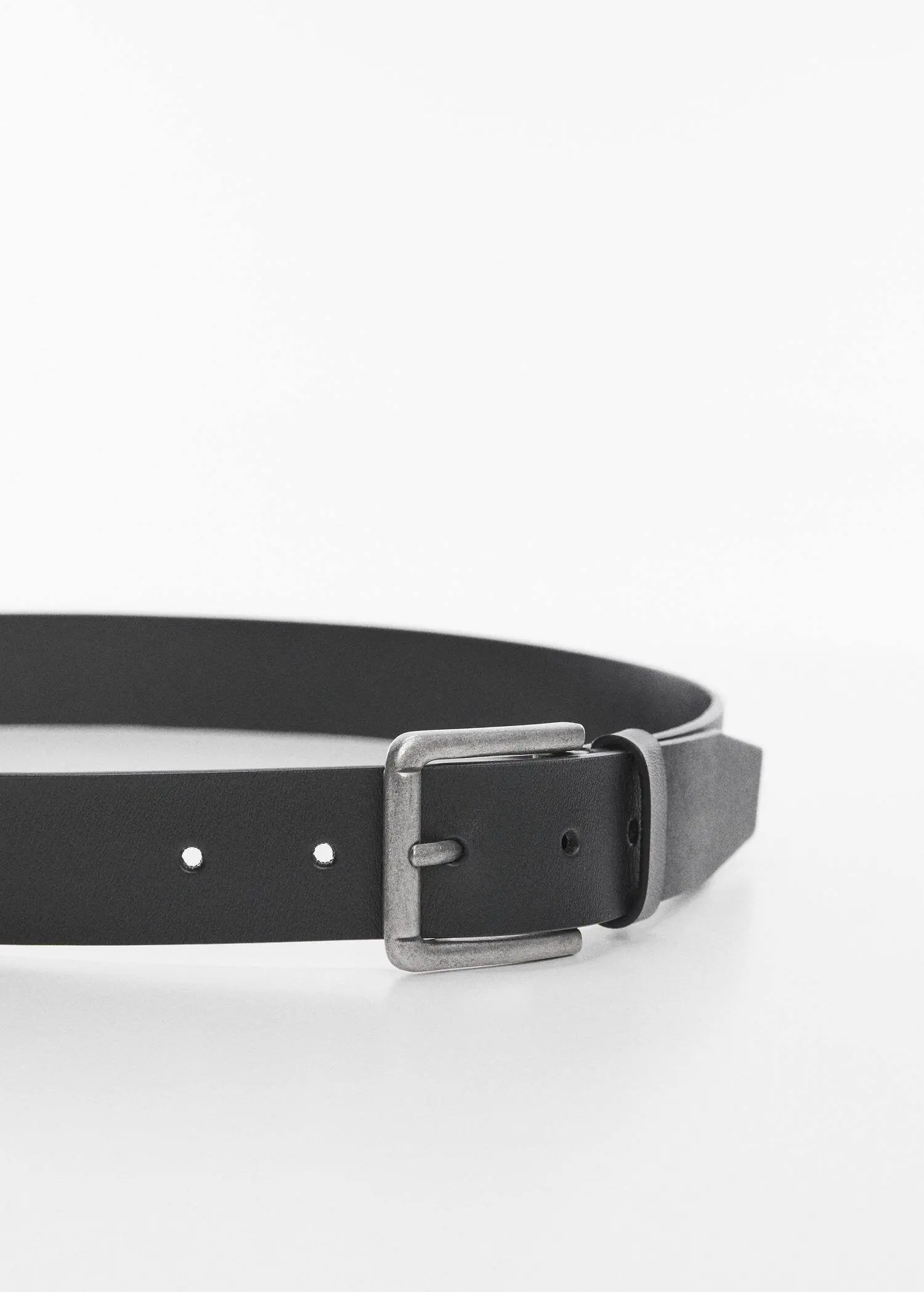 Mango Leather belt with square buckle . a close-up of a black belt with a silver buckle. 