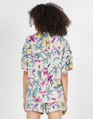 Regular Fit Shirt Neck Çiçek Baskılı Çok Renkli Kadın Kısa Kol Gömlek