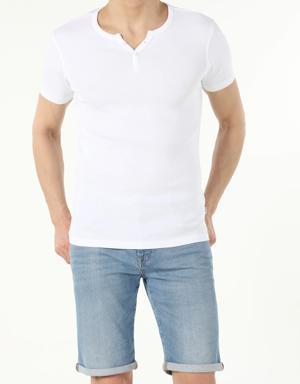 Slim Fit Placket Neck Basic Beyaz Erkek Kısa Kol Tişört
