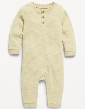 Unisex Long-Sleeve Sweater-Knit Henley One-Piece for Baby beige