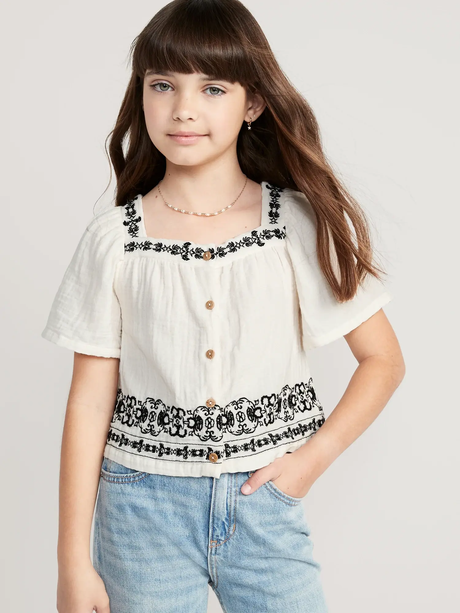 Old Navy Matching Flutter-Sleeve Button-Front Embroidered-Trim Top for Girls white. 1