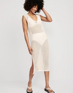 Sleeveless Crochet Midi Swim Cover-Up Dress for Women white
