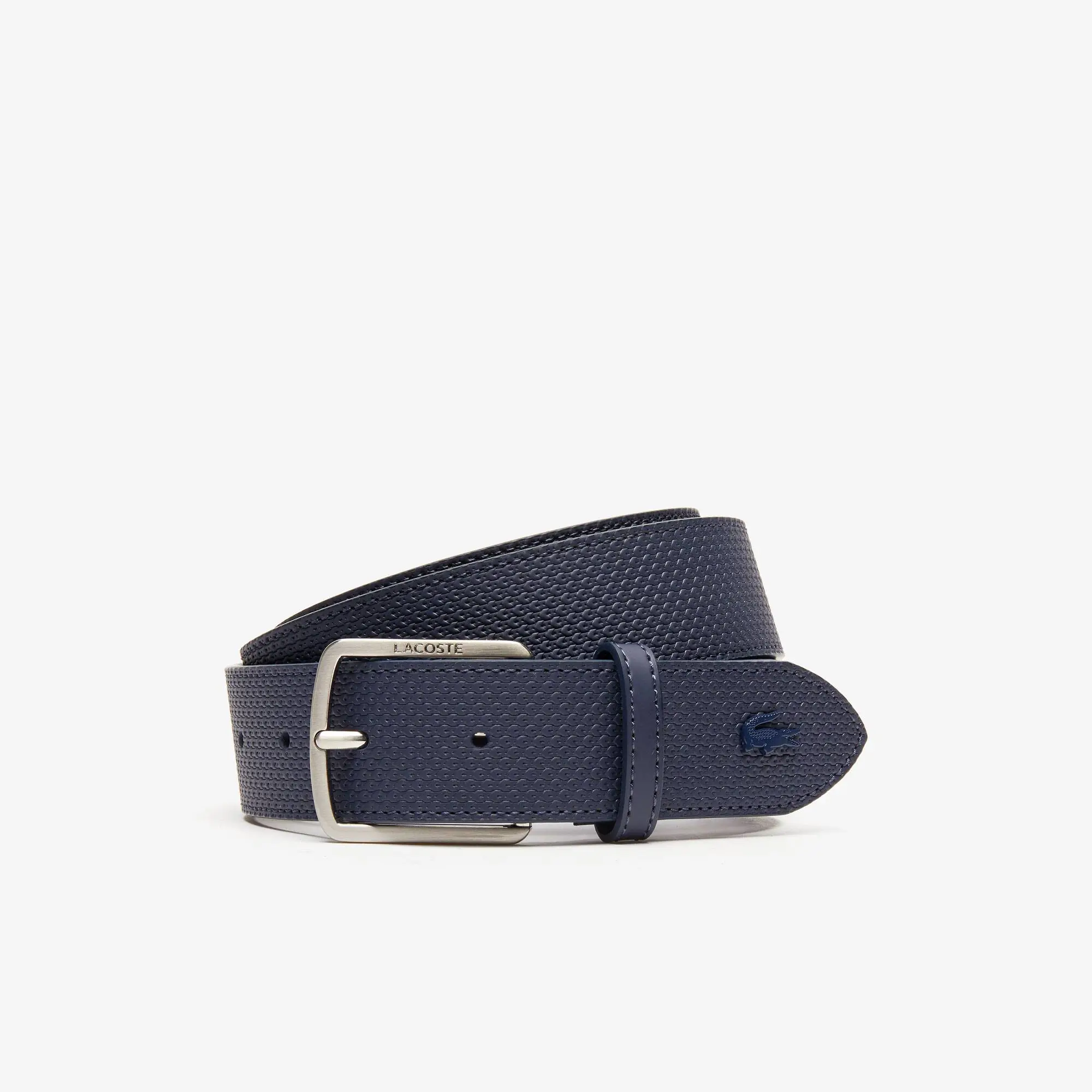 Lacoste Men's Engraved Buckle Textured Leather Belt. 1