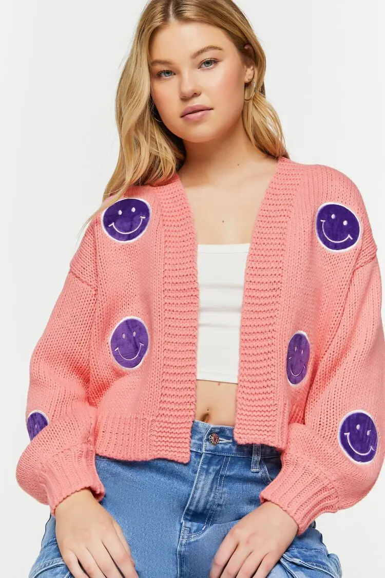 Forever 21 Forever 21 Happy Face Patch Cardigan Sweater Coral/Multi. 1