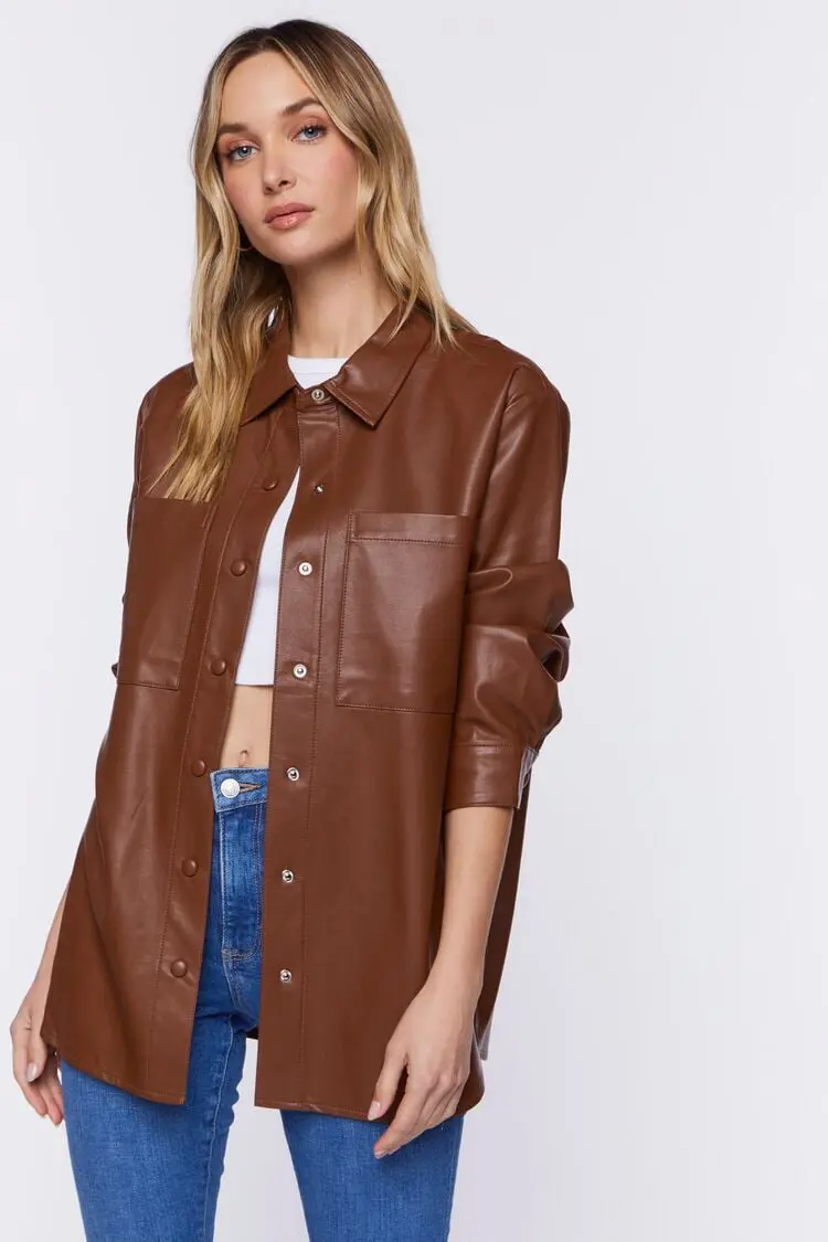 Forever 21 Forever 21 Faux Leather Drop Sleeve Shacket Brown. 1