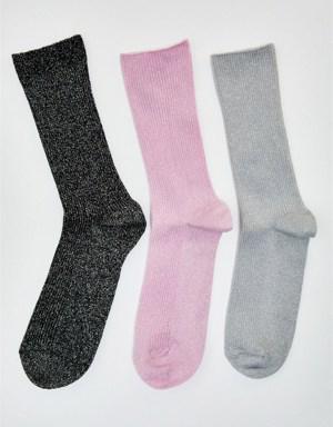 3 lü Paket Simli Kadın Soket Çorap Desenli