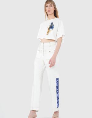 Embroidery Detailed Straight Leg White Trousers