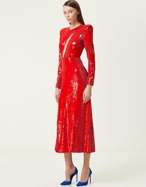 Kırmızı İşlemeli Midi Kokteyl Elbise