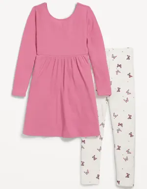 Fit & Flare Rib-Knit Dress and Leggings Set for Girls pink