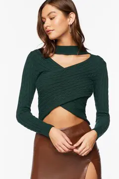 Forever 21 Forever 21 Cable Knit Cutout Crossover Sweater Hunter Green. 2