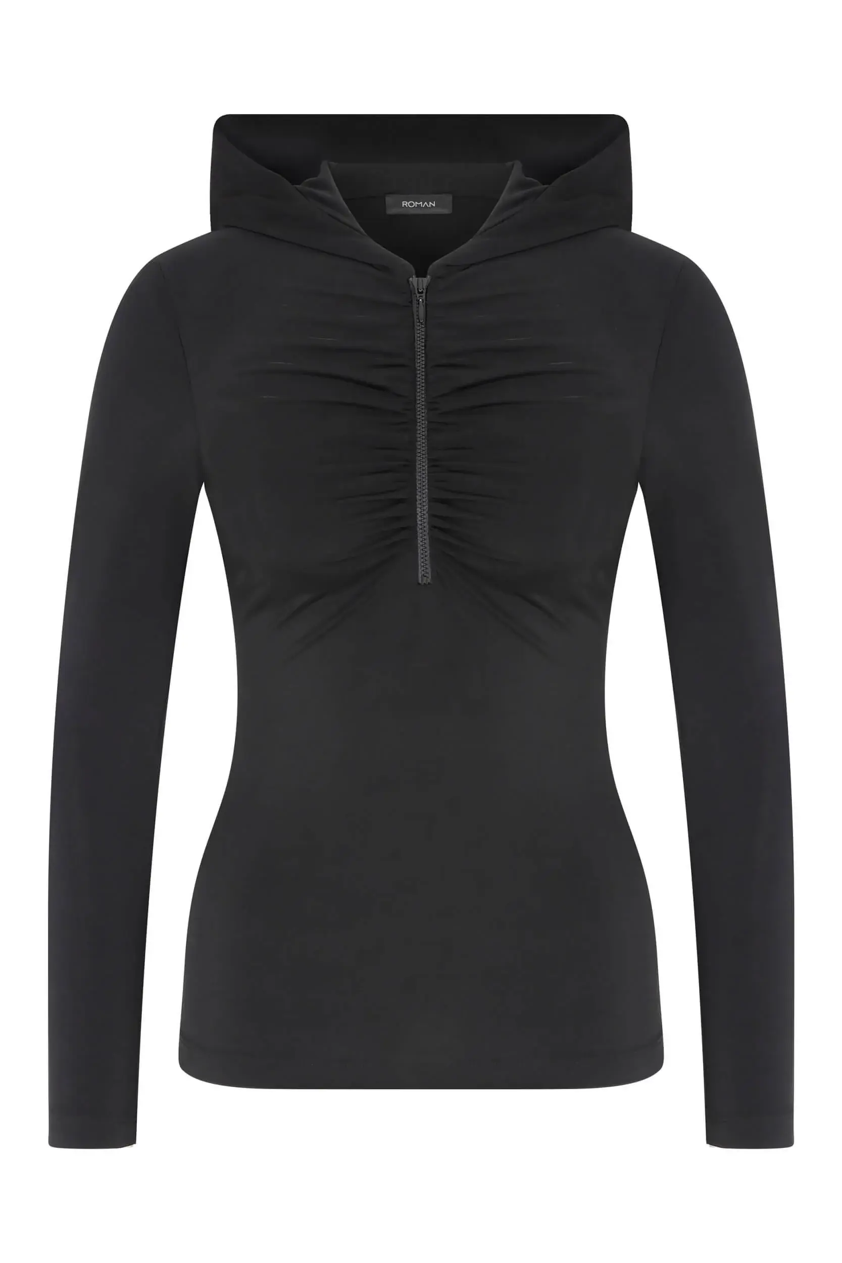 Roman Ruched Front Hooded Blouse - 4 / BLACK. 1