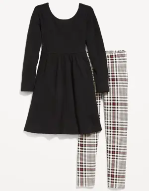 Fit & Flare Rib-Knit Dress and Leggings Set for Girls black