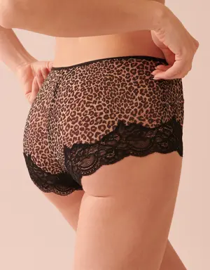 Leopard Print Lace and Mesh Boyleg Panty