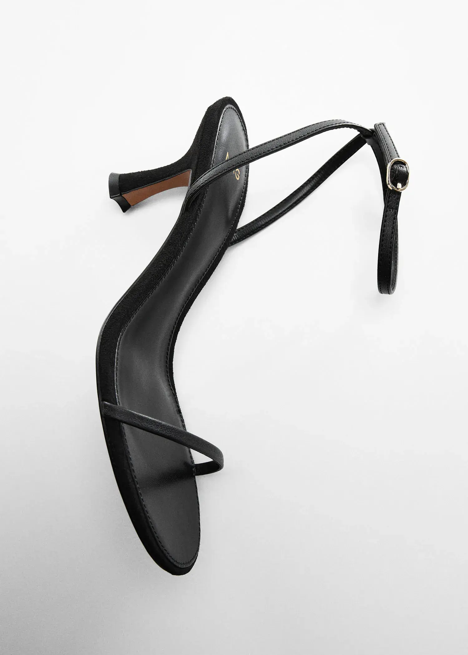 Mango Ankle-cuff heeled sandals. a pair of black high heeled sandals on a white surface. 