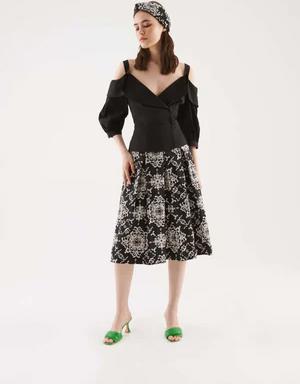 Black White Floral Midi Skirt